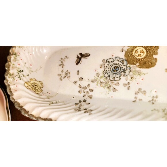 Antique Fine Bone China Serving Dish, w scalloped sides, real gold guilt flowers - Picture 8 of 12